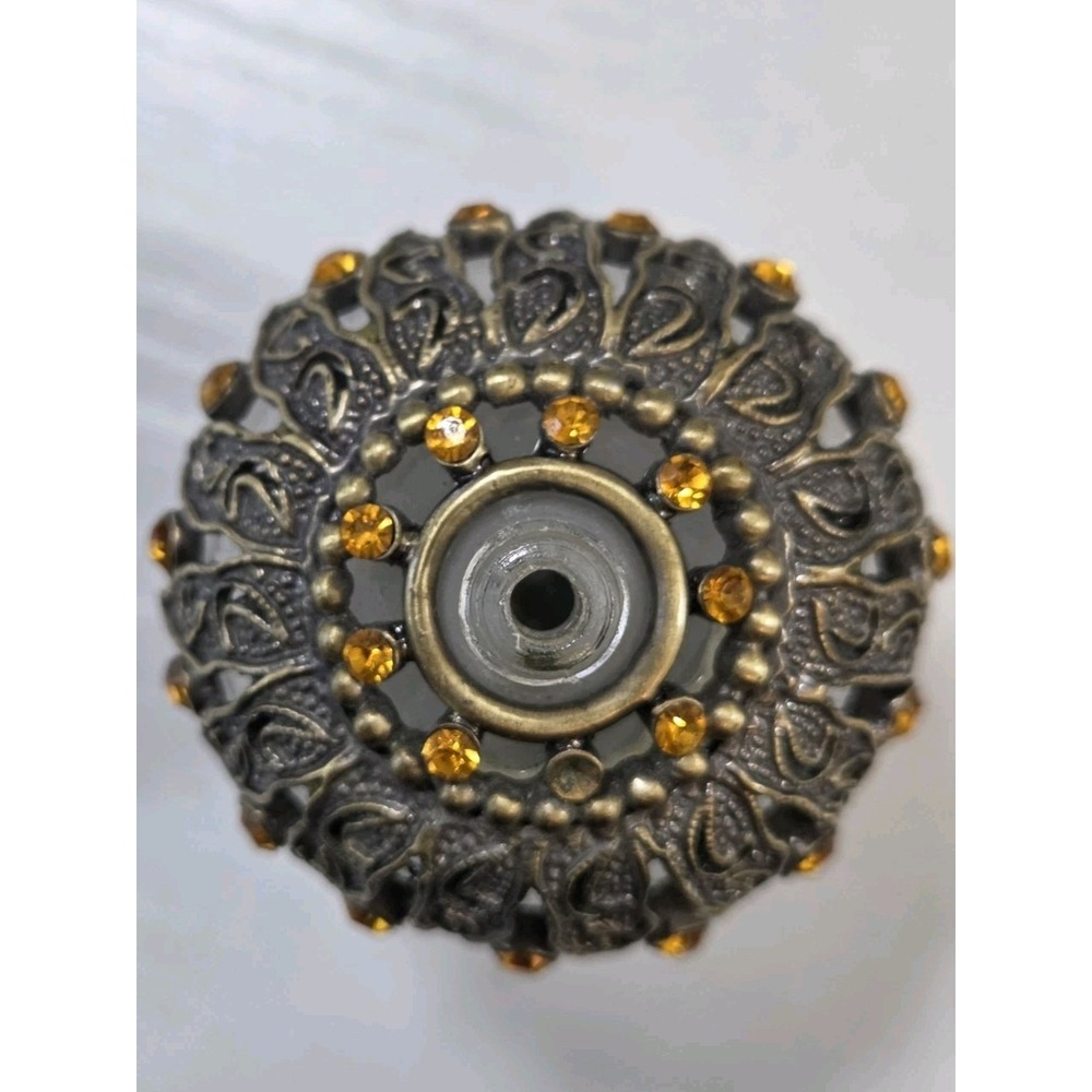 Filigree Perfume Bottle Frosted Glass Gold Tone Rhinestones Crystal Ball Top - Picture 4 of 6
